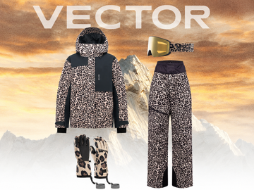 VECTOR leopard print ski and snowboard jacket, base layer set, fleece vest, goggles and helmet